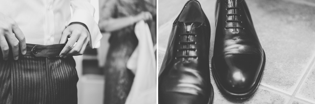 Alcuni dettagli delle scarpe e dei pantaloni dello sposo Federico